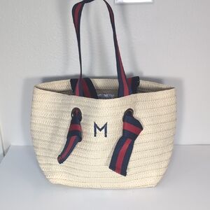 Mark & Graham Cream Ribbon Straw Beach ToteBag with Red and Blue Straps